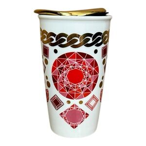 STARBUCKS 2014 Ceramic Travel Tumbler Red Gem Geometric Gold Chain 12 oz Mug Lid